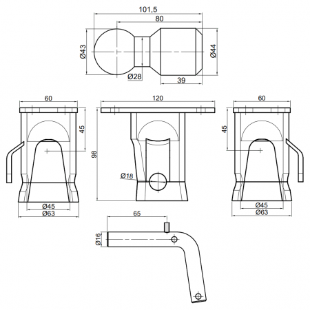 KULE DO WYWROTU POZIOME KIPER fi 43 DO 4T Z PODSTAWĄ - KPL 4 szt